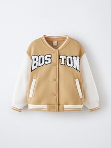 Maija Kids Maija Kids Young Girl Contrast Color Letter Print Long Sleeve Single-Breasted Baseball Jacket,In Fall/Winter - Khaki - View 2