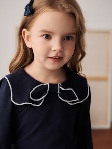 PrepCrw Camiseta de manga larga con cuello de lazo en estilo preppy para niñas jóvenes - Azul - Ver 5