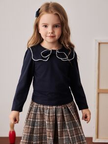 PrepCrw Camiseta de manga larga con cuello de lazo en estilo preppy para niñas jóvenes - Azul - Ver 6