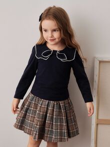 PrepCrw Camiseta de manga larga con cuello de lazo en estilo preppy para niñas jóvenes - Azul - Ver 4