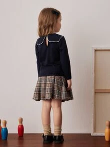 PrepCrw Camiseta de manga larga con cuello de lazo en estilo preppy para niñas jóvenes - Azul - Ver 2