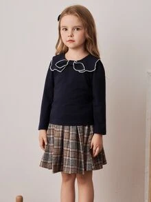 PrepCrw Camiseta de manga larga con cuello de lazo en estilo preppy para niñas jóvenes - Azul - Ver 3