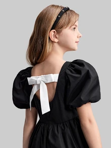 Maija Kids Maija Kids Tween Girl Colorblock Ruffle Trim Puff Sleeve Bow Decor A-Line Dress - Black - View 4