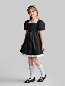Maija Kids Maija Kids Tween Girl Colorblock Ruffle Trim Puff Sleeve Bow Decor A-Line Dress - Black - View 2
