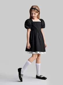 Maija Kids Maija Kids Tween Girl Colorblock Ruffle Trim Puff Sleeve Bow Decor A-Line Dress - Black - View 3