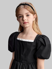 Maija Kids Maija Kids Tween Girl Colorblock Ruffle Trim Puff Sleeve Bow Decor A-Line Dress - Black - View 5