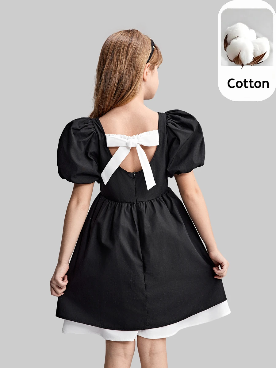 Maija Kids Maija Kids Tween Girl Colorblock Ruffle Trim Puff Sleeve Bow Decor A-Line Dress - Black - View 1