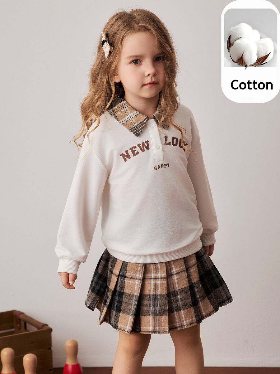 PrepCrw Young Girls' Preppy Style Collared Half-Zip Sweatshirt & Plaid Mini Skirt Set Fall Winter - Multicolor - View 1