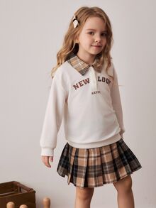 PrepCrw Young Girls' Preppy Style Collared Half-Zip Sweatshirt & Plaid Mini Skirt Set Fall Winter - Multicolor - View 4