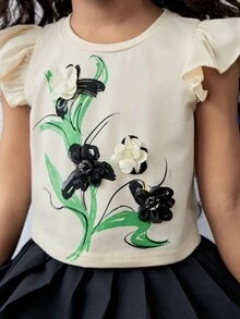 Maija Kids Maija Kids Loose Floral Print Short Cap Sleeve T-Shirt For Young Girl - Apricot - View 4