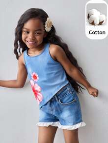 Maija Kids Maija Kids Young Girl Round Neck Floral Print Bowknot Decor Top - Coffee Brown - View 1