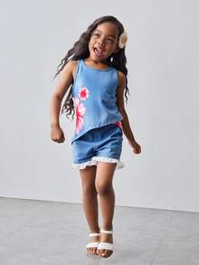 Maija Kids Maija Kids Young Girl Round Neck Floral Print Bowknot Decor Top - Coffee Brown - View 3