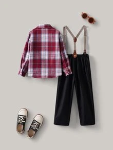 PrepCrw 2pcs Young Boys Elegant School Style Red Plaid Long Sleeve Shirt And Striped Suspender Pants Gentleman Suit Set For Summer,Traditional,Wedding,Party - Multicolor - View 2