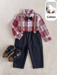 PrepCrw 2pcs Young Boys Elegant School Style Red Plaid Long Sleeve Shirt And Striped Suspender Pants Gentleman Suit Set For Summer,Traditional,Wedding,Party - Multicolor - View 1