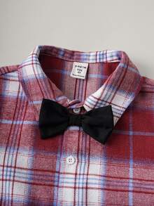 PrepCrw 2pcs Young Boys Elegant School Style Red Plaid Long Sleeve Shirt And Striped Suspender Pants Gentleman Suit Set For Summer,Traditional,Wedding,Party - Multicolor - View 3