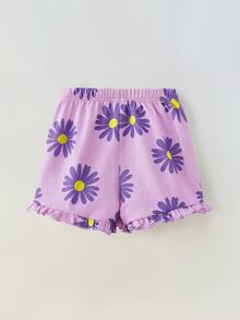 Maija Kids Maija Kids 2pcs/Set Young Girl Loose Casual Floral Print Round Neck Short Sleeve Top And Shorts Set - Purple - View 3