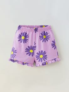 Maija Kids Maija Kids 2pcs/Set Young Girl Loose Casual Floral Print Round Neck Short Sleeve Top And Shorts Set - Purple - View 6