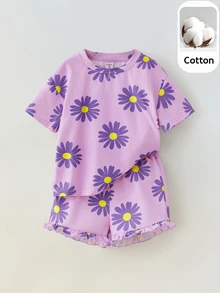 Maija Kids Maija Kids 2pcs/Set Young Girl Loose Casual Floral Print Round Neck Short Sleeve Top And Shorts Set - Purple - View 1