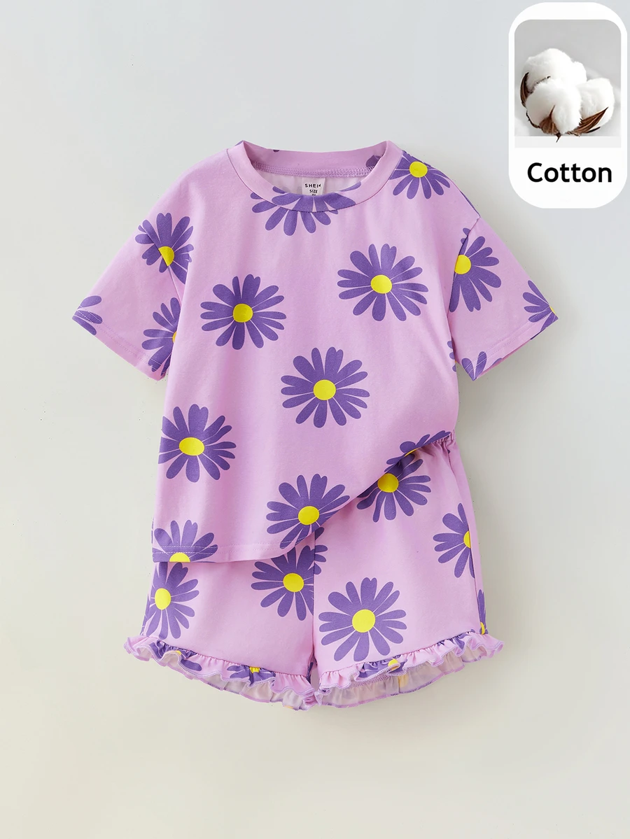 Maija Kids Maija Kids 2pcs/Set Young Girl Loose Casual Floral Print Round Neck Short Sleeve Top And Shorts Set - Purple - View 1