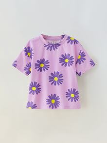 Maija Kids Maija Kids 2pcs/Set Young Girl Loose Casual Floral Print Round Neck Short Sleeve Top And Shorts Set - Purple - View 4