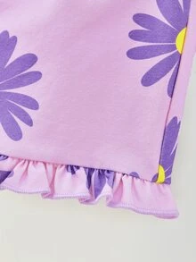 Maija Kids Maija Kids 2pcs/Set Young Girl Loose Casual Floral Print Round Neck Short Sleeve Top And Shorts Set - Purple - View 7