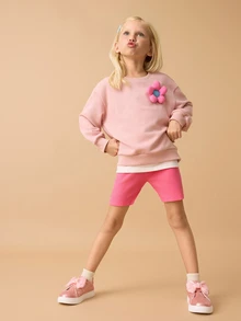 Maija Kids Maija Kids 2pcs/Set Girl Floral Pattern 2 In 1 Round Neck Sweatshirt And Shorts Set,Young Girl Outfit Sets - Pink - View 4