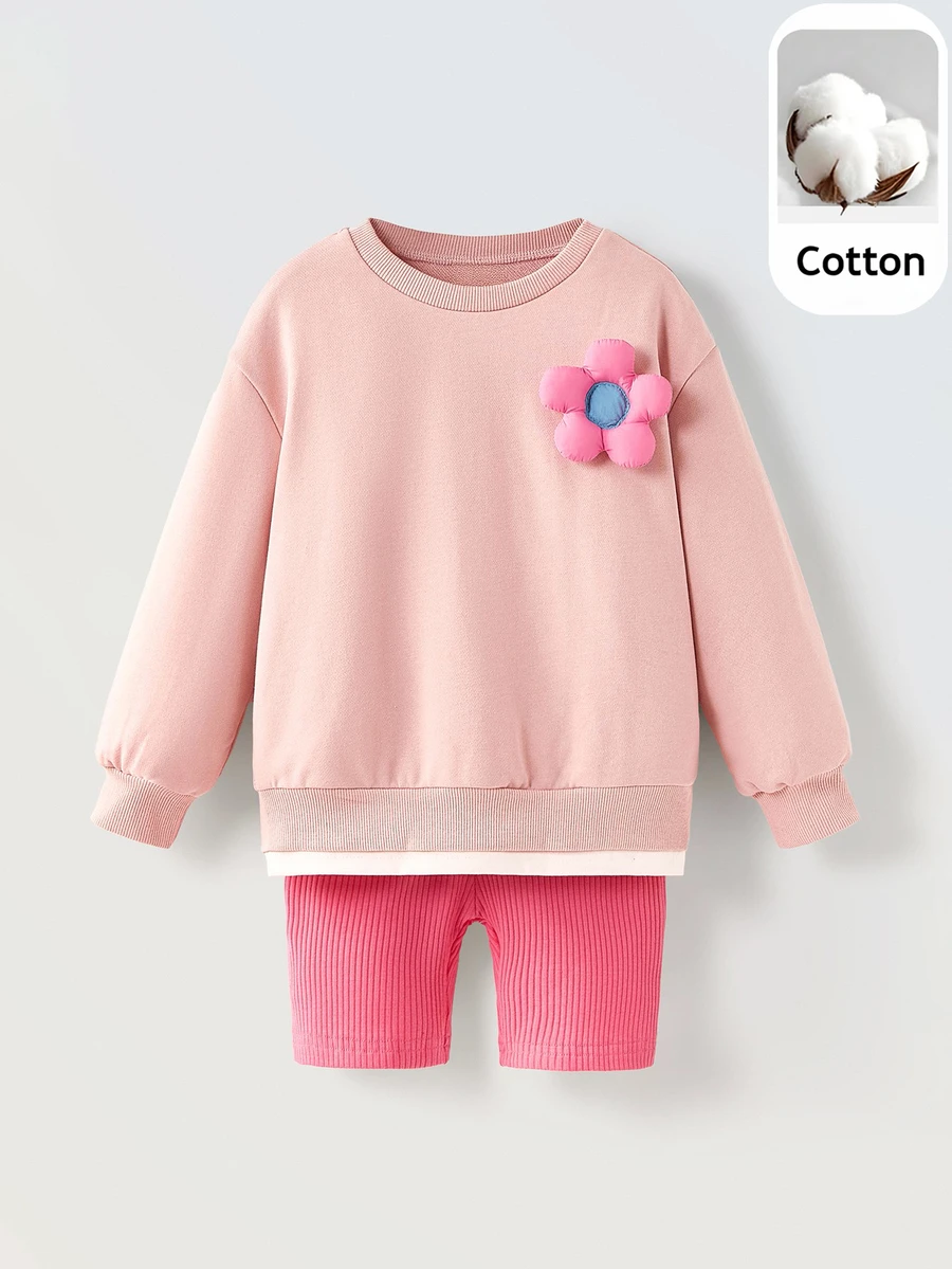Maija Kids Maija Kids 2pcs/Set Girl Floral Pattern 2 In 1 Round Neck Sweatshirt And Shorts Set,Young Girl Outfit Sets - Pink - View 1