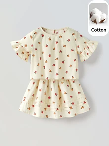 Maija Kids Maija Kids 2pcs Young Girl Boat Neck Ruffle Sleeve Shirt And Shorts Set - Apricot - View 1