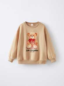 Maija Kids Maija Kids 2pcs/Set Young Girl Cartoon Bear Pattern Knit Soft Crew Neck Long Sleeve Pullover Sweatshirt And Leopard Print Elastic Waist Flared Pants - Apricot - View 10