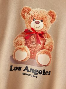 Maija Kids Maija Kids 2pcs/Set Young Girl Cartoon Bear Pattern Knit Soft Crew Neck Long Sleeve Pullover Sweatshirt And Leopard Print Elastic Waist Flared Pants - Apricot - View 7