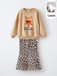Maija Kids Maija Kids 2pcs/Set Young Girl Cartoon Bear Pattern Knit Soft Crew Neck Long Sleeve Pullover Sweatshirt And Leopard Print Elastic Waist Flared Pants - Apricot - View 1