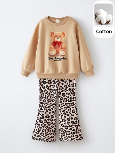 Maija Kids Maija Kids 2pcs/Set Young Girl Cartoon Bear Pattern Knit Soft Crew Neck Long Sleeve Pullover Sweatshirt And Leopard Print Elastic Waist Flared Pants