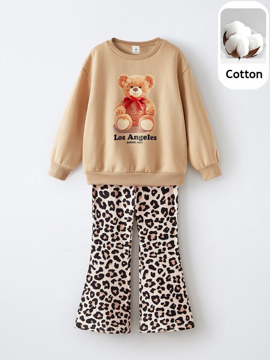 Maija Kids Maija Kids 2pcs/Set Young Girl Cartoon Bear Pattern Knit Soft Crew Neck Long Sleeve Pullover Sweatshirt And Leopard Print Elastic Waist Flared Pants - Apricot - View 1