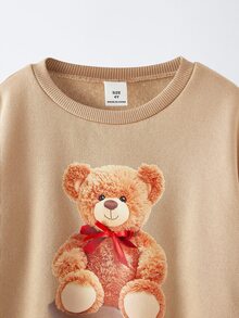 Maija Kids Maija Kids 2pcs/Set Young Girl Cartoon Bear Pattern Knit Soft Crew Neck Long Sleeve Pullover Sweatshirt And Leopard Print Elastic Waist Flared Pants - Apricot - View 8