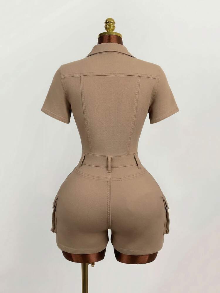 Mistrie Women's Button Casual Denim Romper,Khaki Summer Streetwear City Break Outfit,Short Sleeve Work Jumpsuit,Daily Wear Country Concert Vacation Sets - Brown - View 2