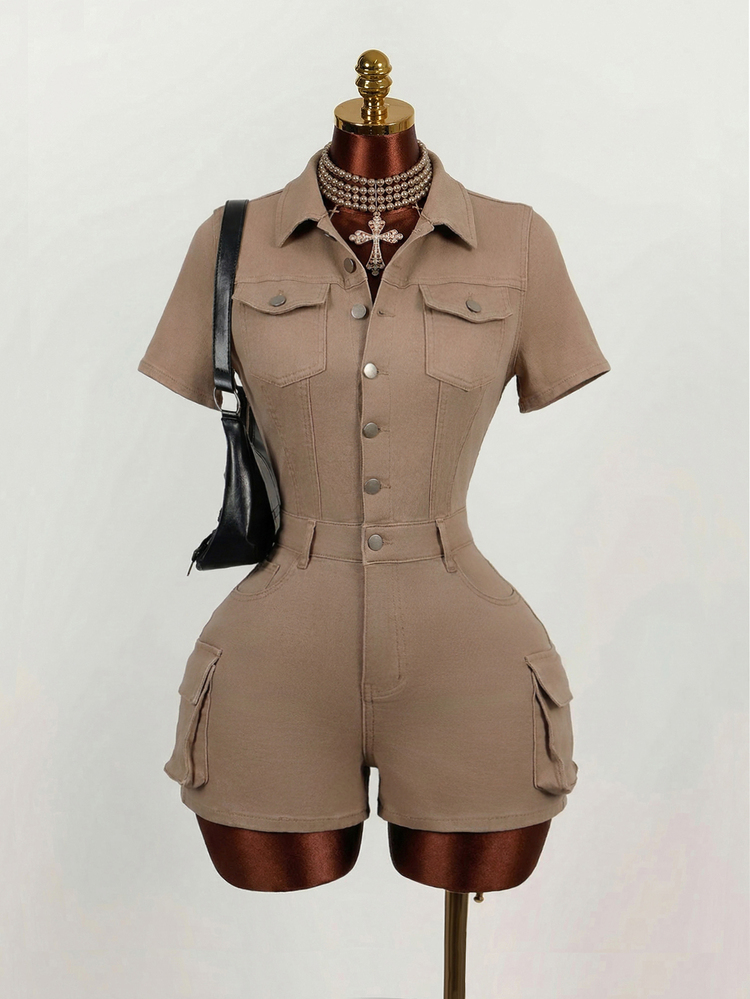 Mistrie Women's Button Casual Denim Romper,Khaki Summer Streetwear City Break Outfit,Short Sleeve Work Jumpsuit,Daily Wear Country Concert Vacation Sets - Brown - View 1