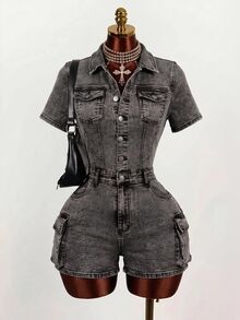 Mistrie 女款鈕扣前襟短袖休閒工裝口袋牛仔連身褲 - 藍色 - 查看 1