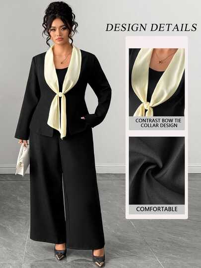 Elenzga Plus size svart kavaj med elegant patchwork och band, elegant stil för pendling, fest och kontor, 2-delat set