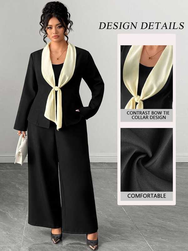 Elenzga Plus Size Black Blazer Elegant Casual Patchwork Ribbon Elegant Commute Formal Party Office Party Style 2 Pieces Set Teachers' Day Autumn