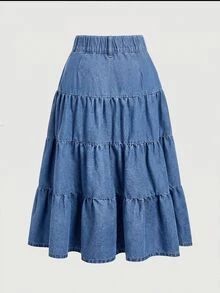 SHEIN MOD Plus Size Casual Washed Denim Skirt - Blue - View 2