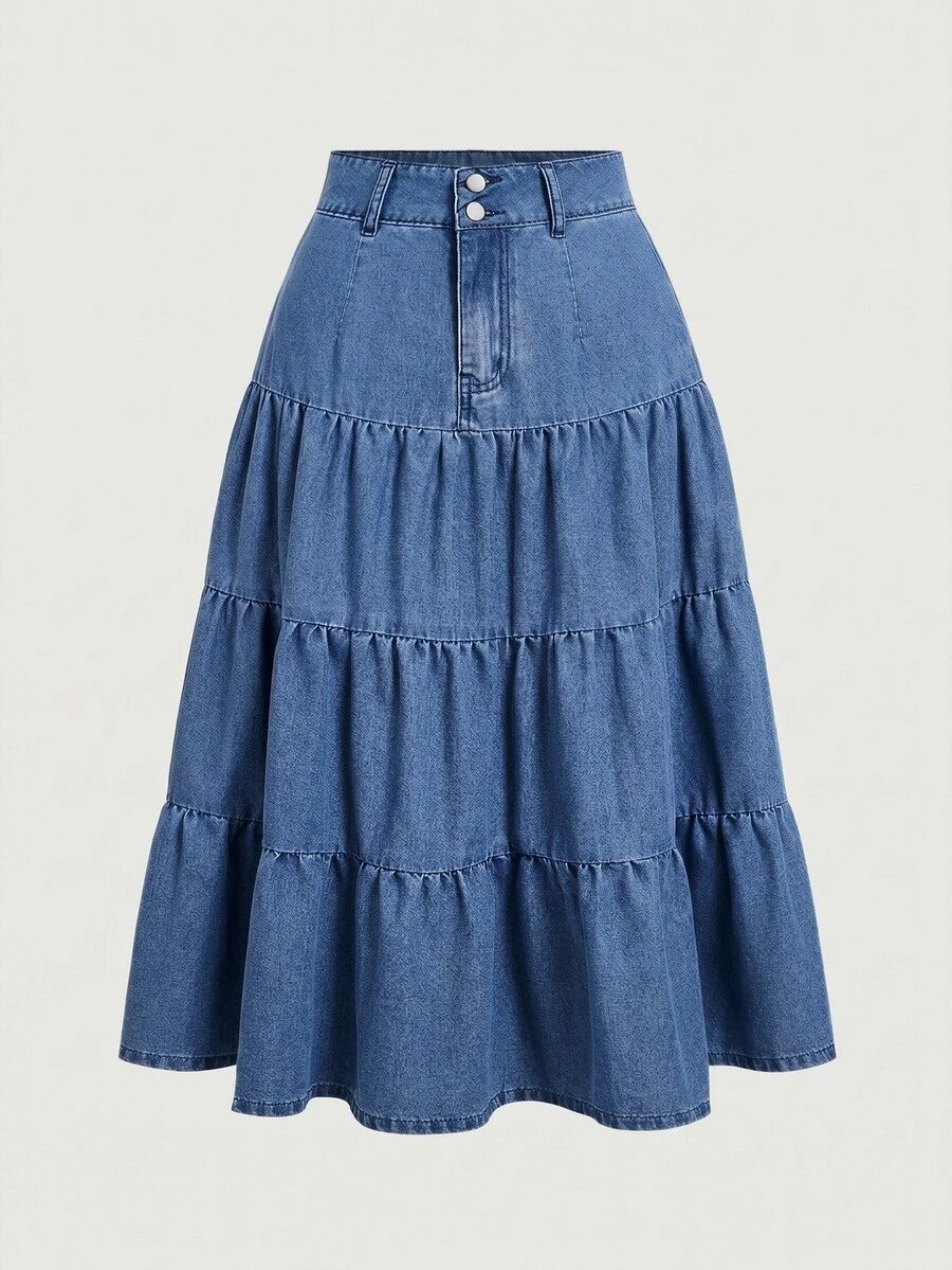 SHEIN MOD Plus Size Casual Washed Denim Skirt - Blue - View 1