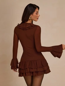 Glamine Women's Solid Color Ruffle Collar Front Tie Long Sleeve Fashion Cake Hem Dress, Autumn - Brown - View 2