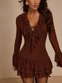 Glamine Women's Solid Color Ruffle Collar Front Tie Long Sleeve Fashion Cake Hem Dress, Autumn - Brown - View 1