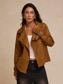 Glamine Elegant Textured Lapel Waist-Cinching Short Jacket Gathered Asymmetrical Hem Wide Square Buckle Belt Brown Office Everyday Thanksgiving Fall - Brown - View 7