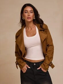 Glamine Elegant Textured Lapel Waist-Cinching Short Jacket Gathered Asymmetrical Hem Wide Square Buckle Belt Brown Office Everyday Thanksgiving Fall - Brown - View 6