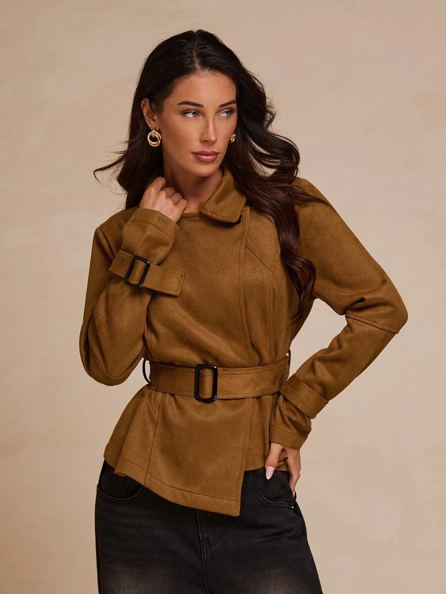 Glamine Elegant Textured Lapel Waist-Cinching Short Jacket Gathered Asymmetrical Hem Wide Square Buckle Belt Brown Office Everyday Thanksgiving Fall - Brown - View 1