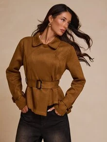 Glamine Elegant Textured Lapel Waist-Cinching Short Jacket Gathered Asymmetrical Hem Wide Square Buckle Belt Brown Office Everyday Thanksgiving Fall - Brown - View 3