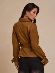 Glamine Elegant Textured Lapel Waist-Cinching Short Jacket Gathered Asymmetrical Hem Wide Square Buckle Belt Brown Office Everyday Thanksgiving Fall - Brown - View 2