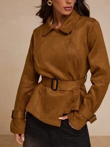 Glamine Elegant Textured Lapel Waist-Cinching Short Jacket Gathered Asymmetrical Hem Wide Square Buckle Belt Brown Office Everyday Thanksgiving Fall - Brown - View 5