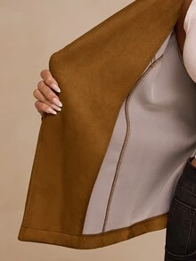 Glamine Elegant Textured Lapel Waist-Cinching Short Jacket Gathered Asymmetrical Hem Wide Square Buckle Belt Brown Office Everyday Thanksgiving Fall - Brown - View 8